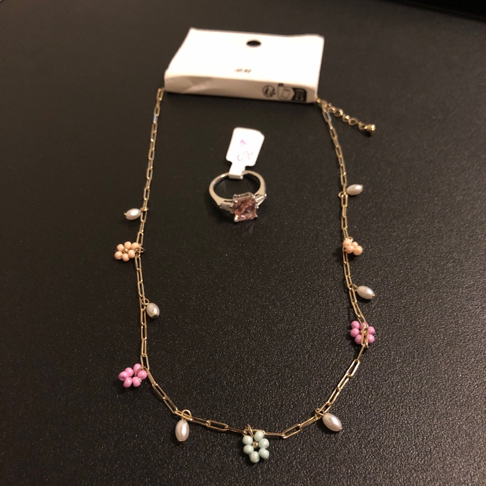 Delicate Gold Chain Necklace with Pastel Flower Accents and Ring - Women Jewelry
